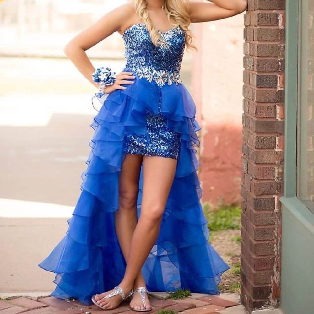Blue sequin high-low prom dress